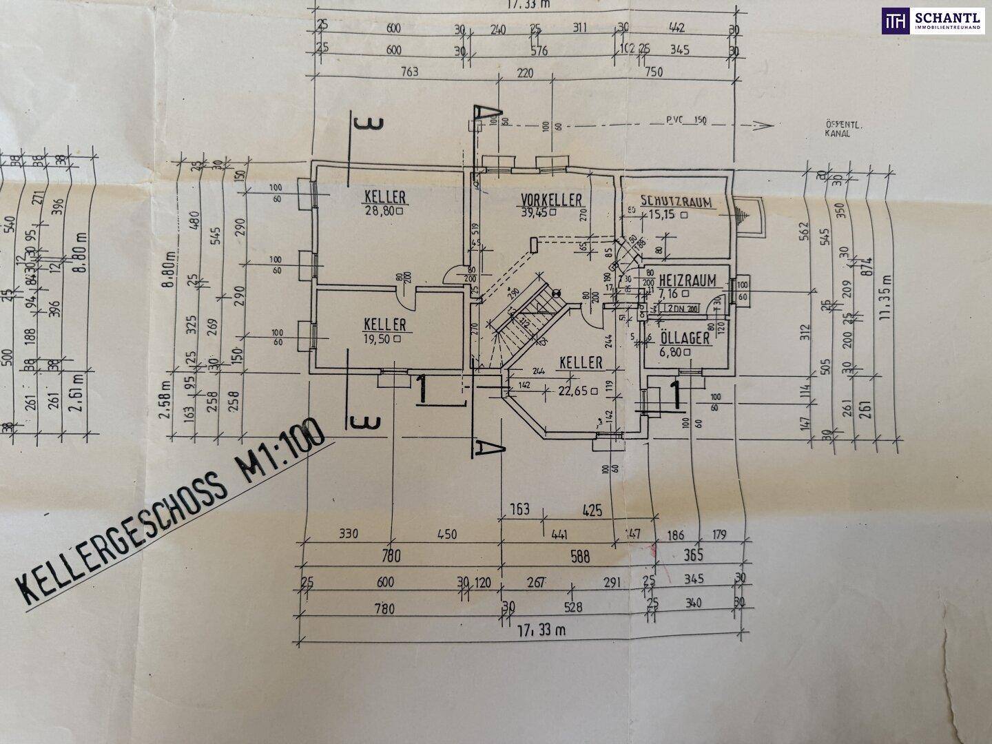 Grundriss des Kellergeschosses mit Lagerräumen, Heizraum und Vorratskeller.