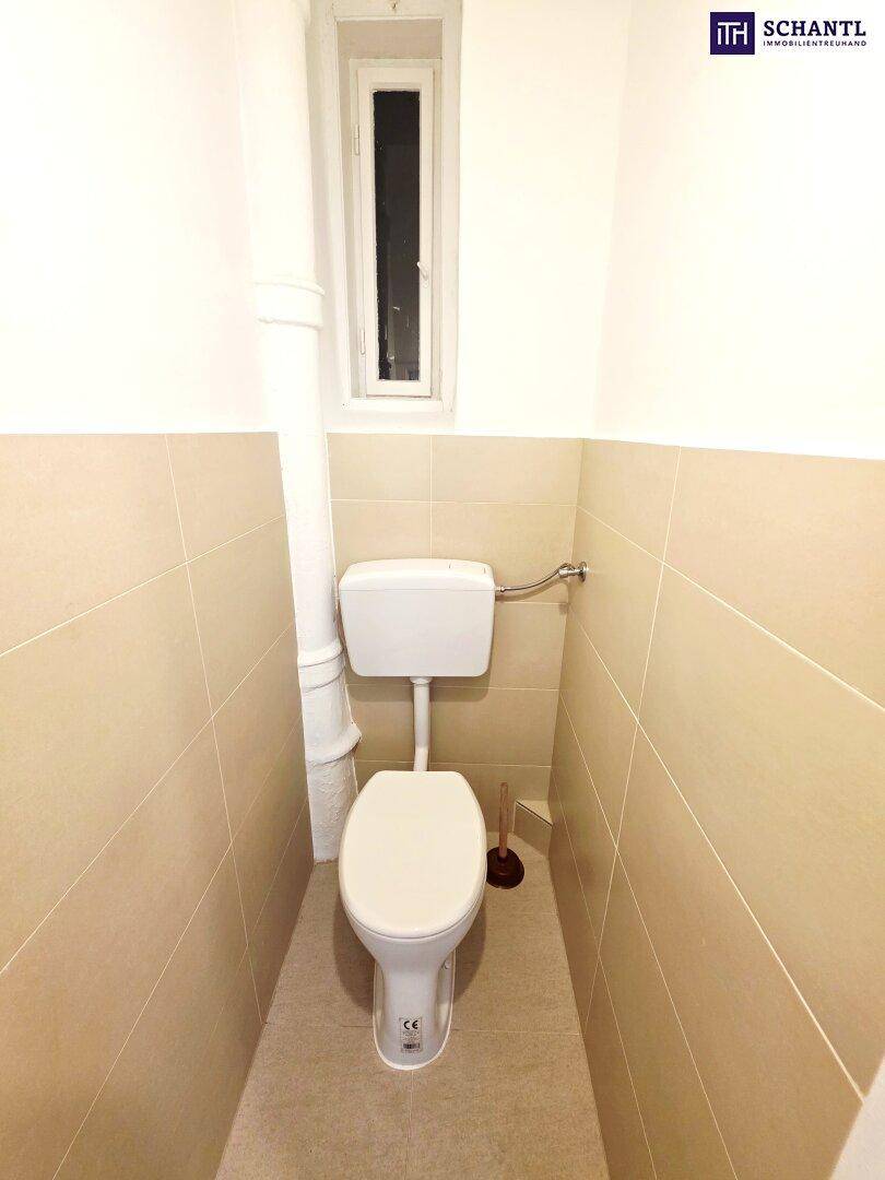 Separate Toilette mit Fenster, WC und beigefarbenen Wandfliesen, die eine angenehme Atmosphäre schaffen.