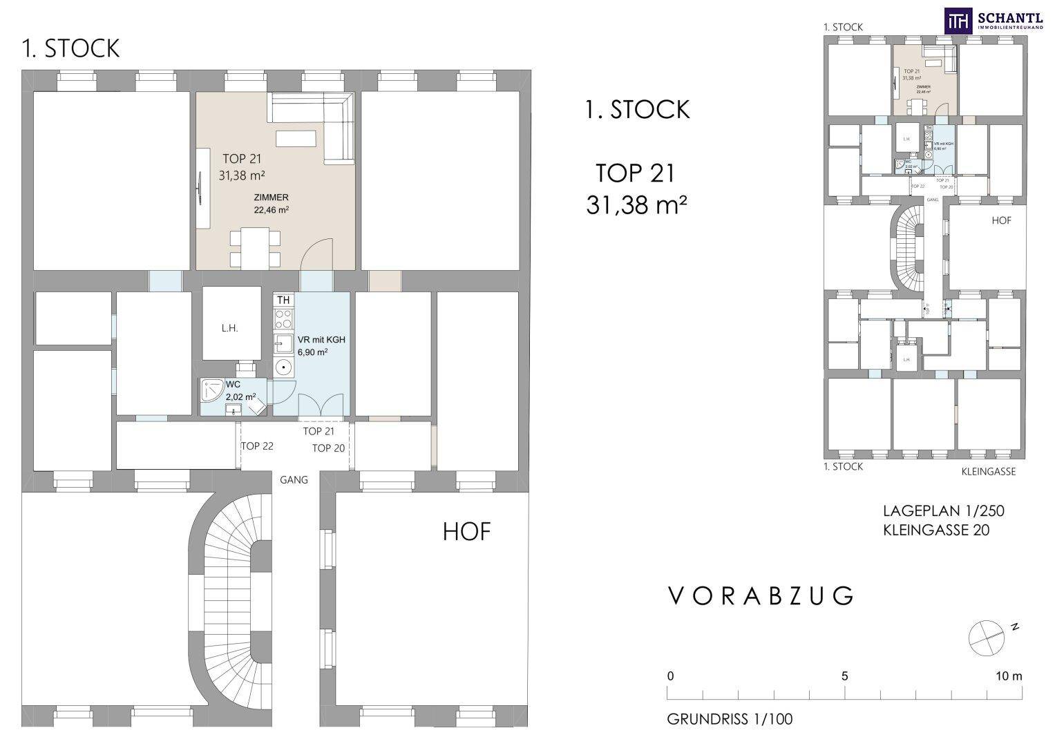 Grundriss der Wohnung Top 21 im ersten Stock mit 31,38 m² Wohnfläche.