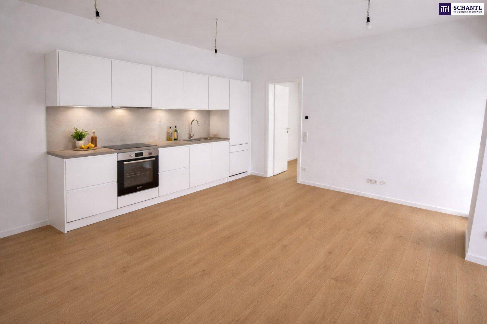 Moderne Einbauküche mit weißen Schränken, integrierten Geräten und viel freiem Raum.