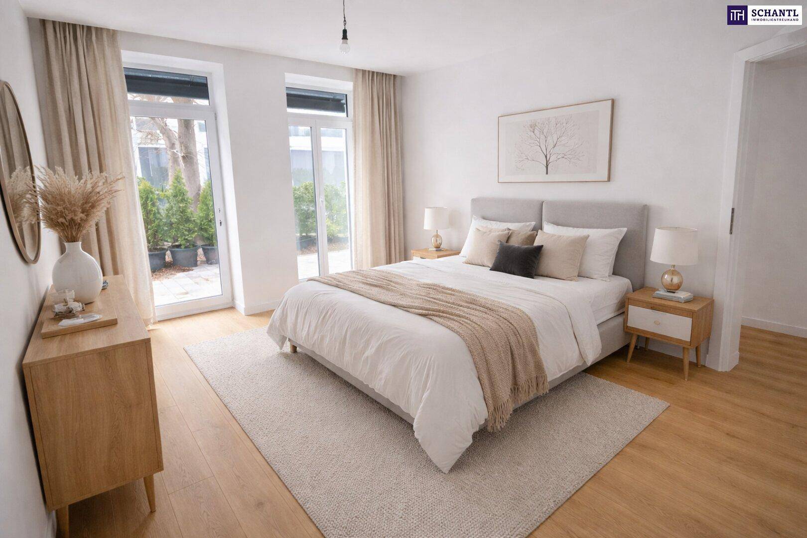Helles Schlafzimmer mit Doppelbett, Holzboden und Zugang zu einem kleinen Außenbereich.