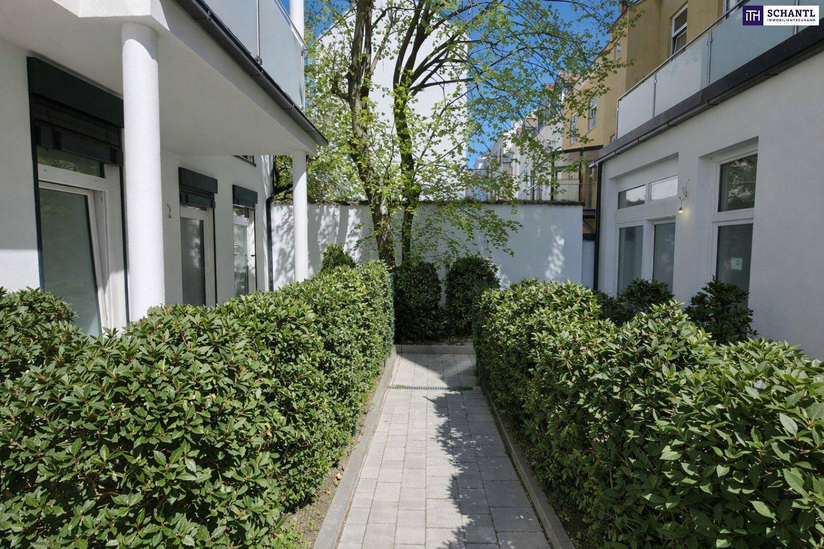 Gepflegter Außenbereich mit Hecken und einem Baum zwischen den Wohngebäuden.