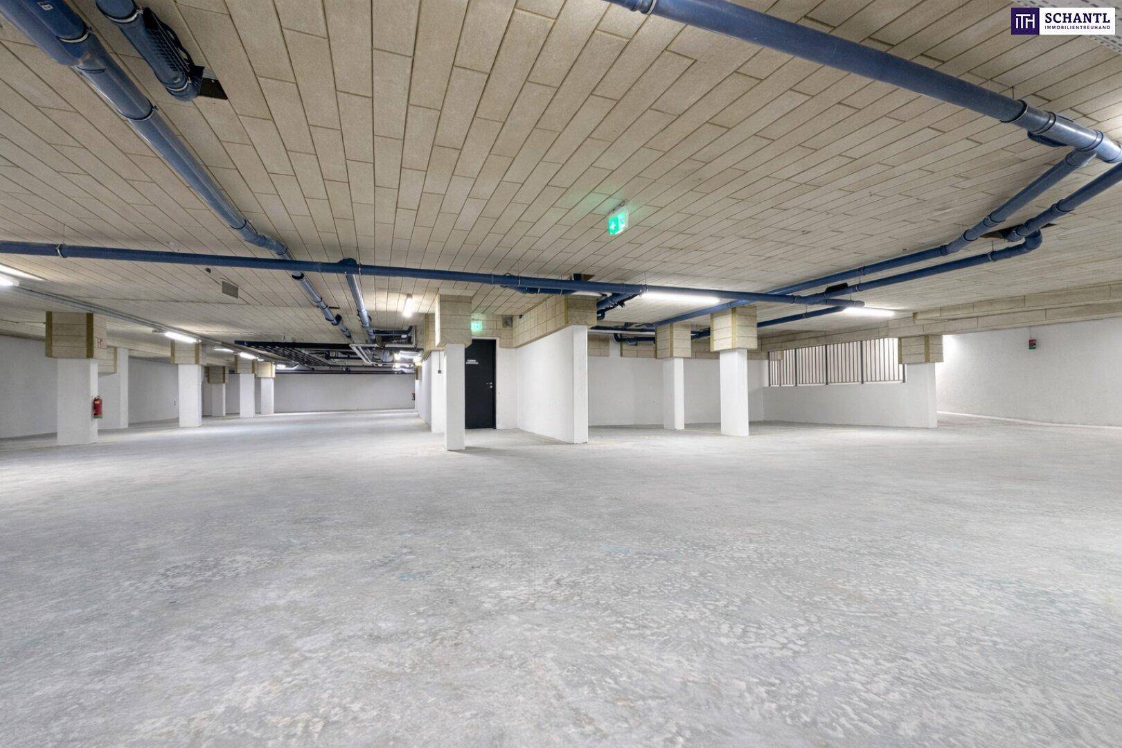Geräumige Tiefgarage mit Betonboden und sichtbaren Installationen an der Decke.