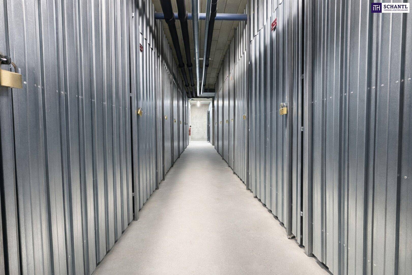 Reihe von Kellerabteilen mit Metallwänden für zusätzlichen Stauraum im Untergeschoss.
