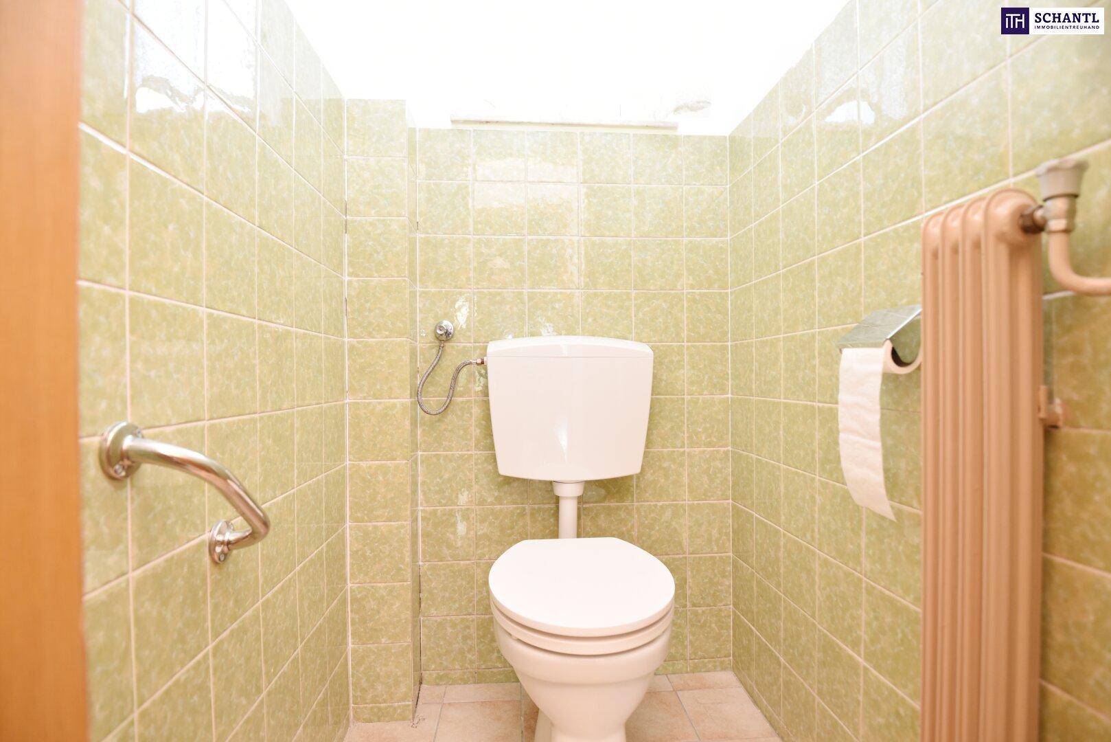 Kleines WC mit grünen Fliesen, Toilette und Heizkörper.