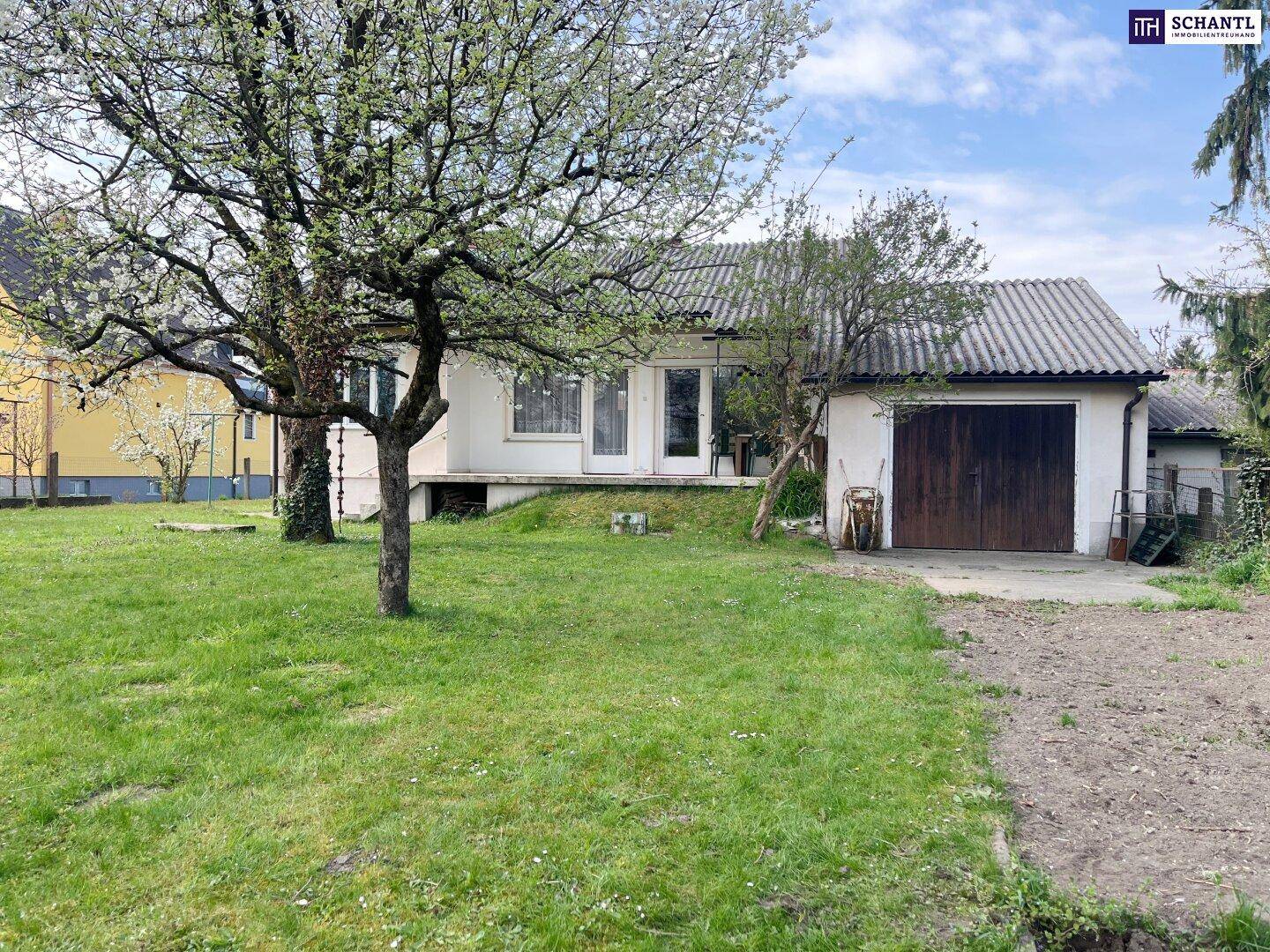 Haus mit großem Gartenbereich, Rasenfläche und Bäumen unter blauem Himmel.