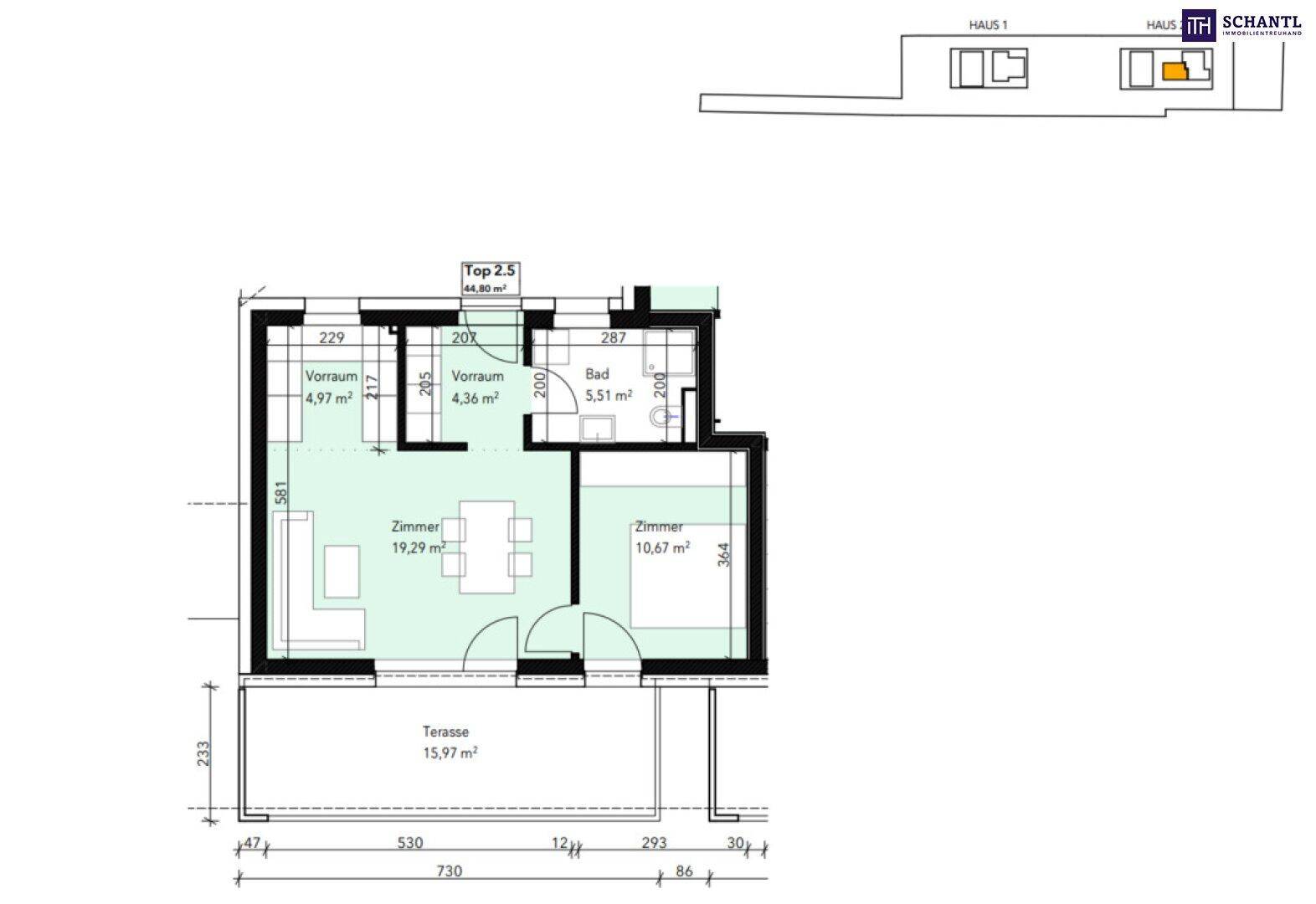 Grundriss einer Wohnung mit zwei Zimmern, Bad und einer großzügigen Terrasse.