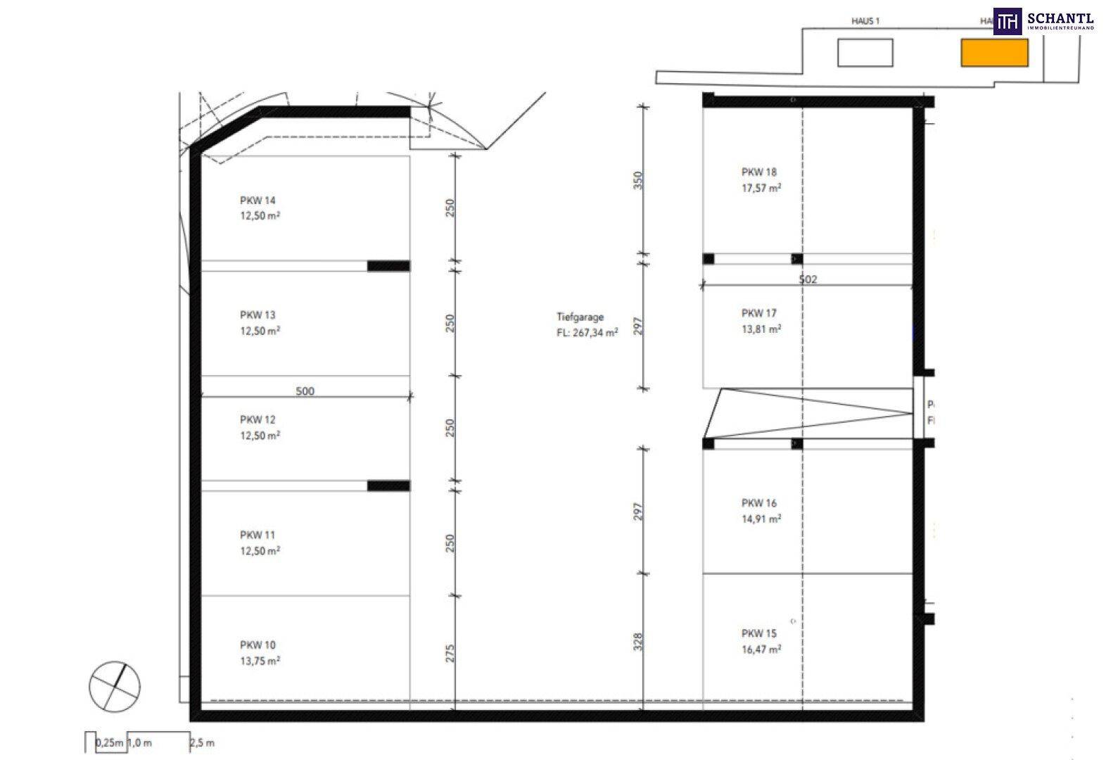 Grundriss der Tiefgarage mit mehreren nummerierten Stellplätzen und Zufahrt.