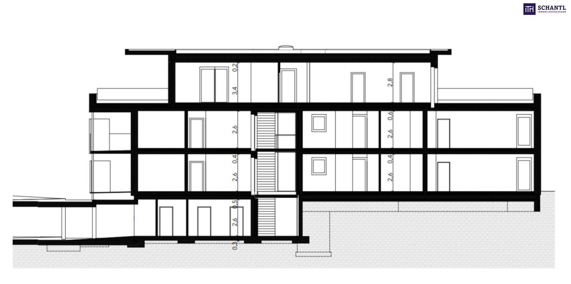 Gebäudeschnitt zeigt die interne Struktur über mehrere Stockwerke mit Treppenhaus.