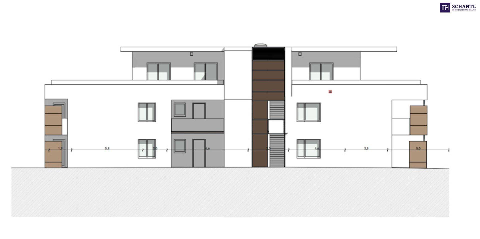 Architektonische Ansicht der Gebäudefassade von der Vorderseite mit Fenstern und Türen.