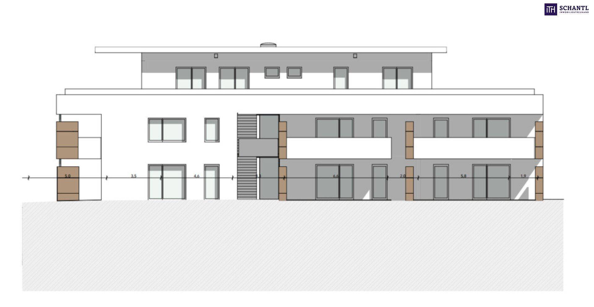 Architektonische Ansicht der Gebäudefassade mit vielen Fenstern und Balkonen.