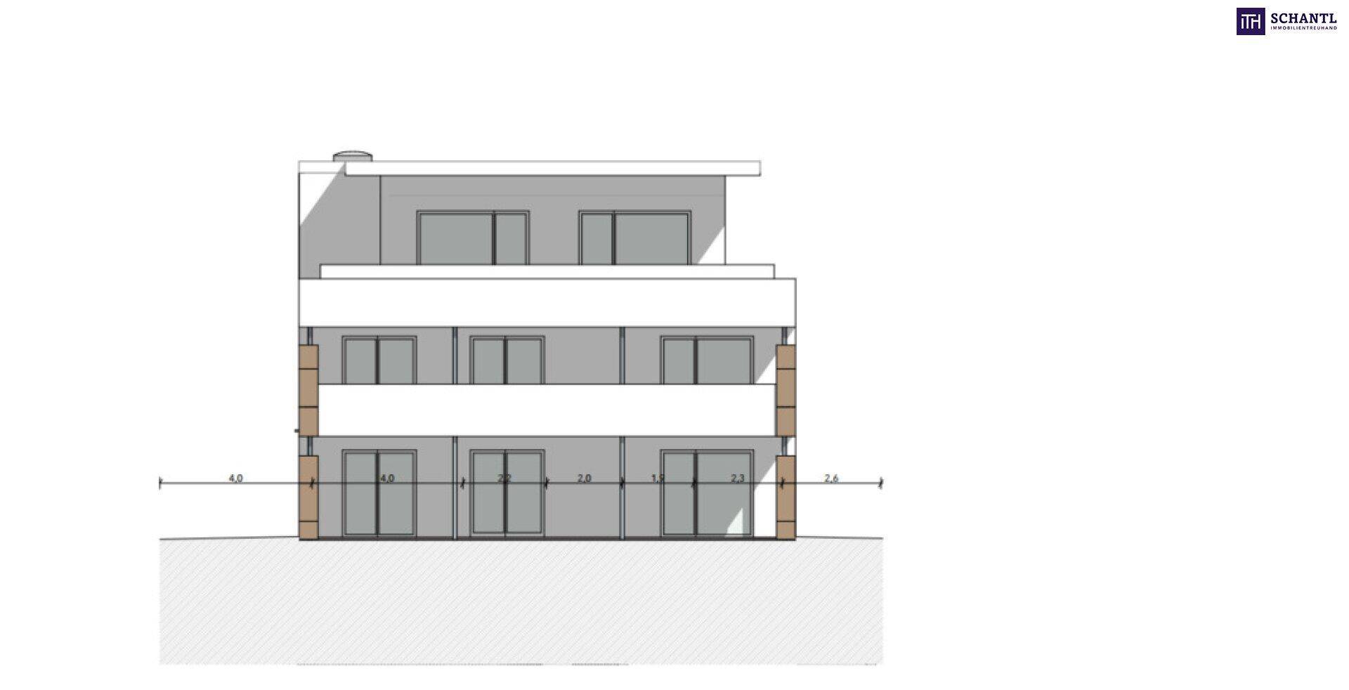 Seitenansicht der Gebäudefassade mit mehreren Etagen und großen Fensterfronten.