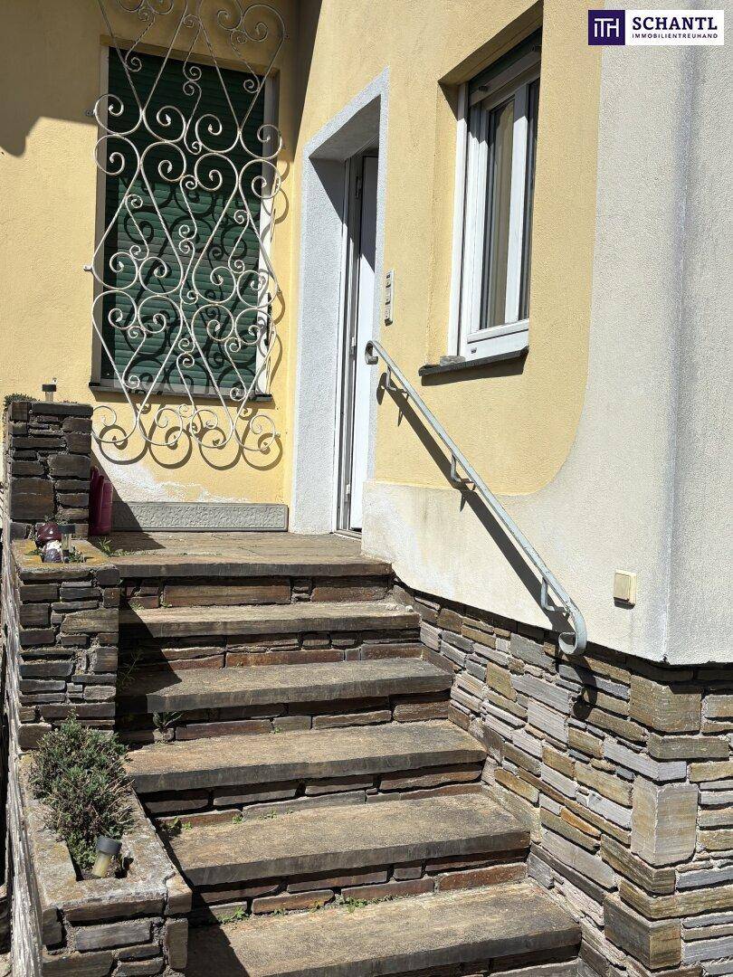 Steintreppe zum Eingang des Hauses mit schmiedeeisernem Gitter und Handlauf.