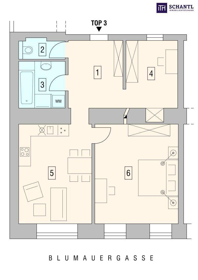 Grundriss der Wohnung TOP 3 mit offenem Wohnbereich, separatem WC und Bad mit Badewanne.