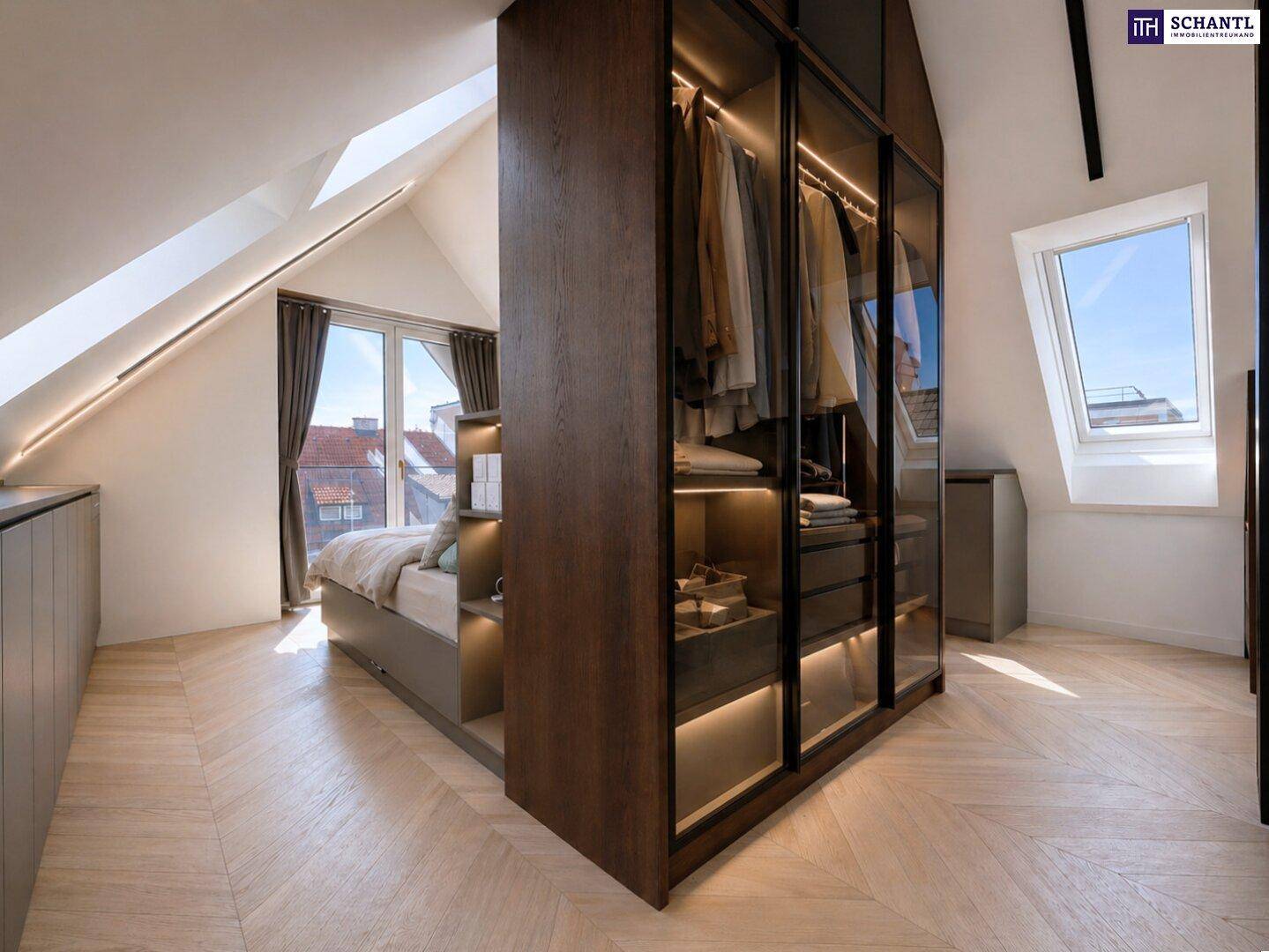 Schlafzimmer mit integriertem, beleuchtetem Kleiderschrank und Dachfenstern für viel Tageslicht.