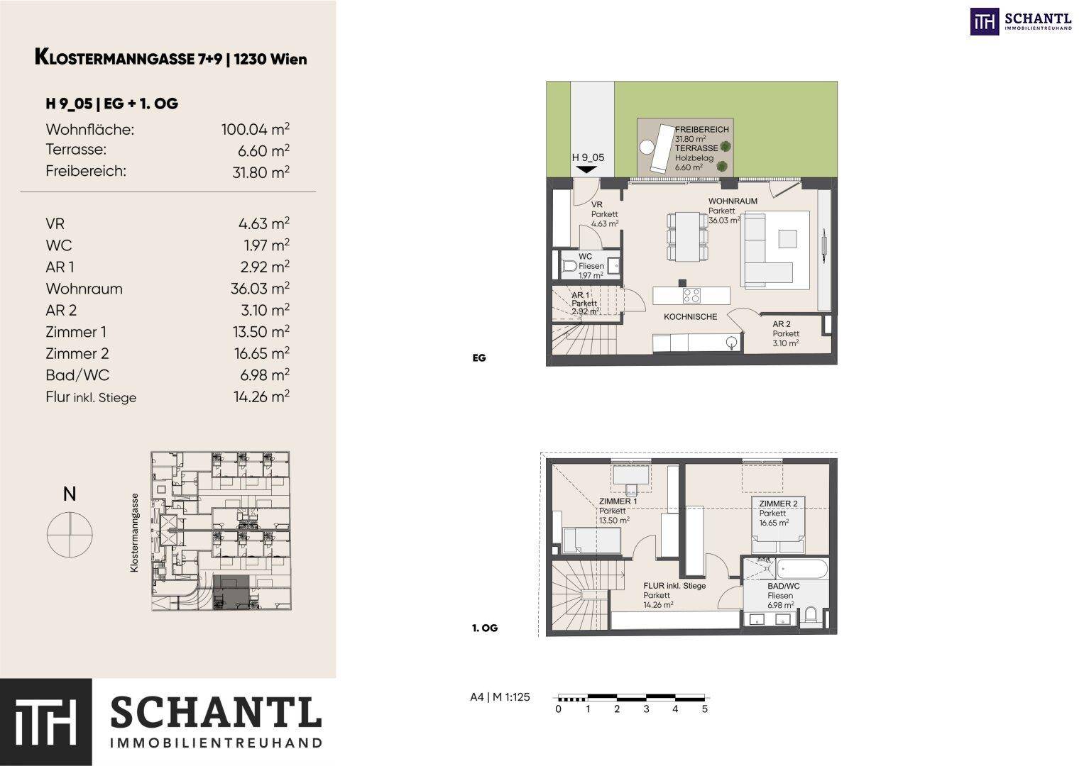 Detaillierter Grundrissplan einer Maisonette-Wohnung über zwei Etagen mit offener Wohnküche, Terrasse und Garten.