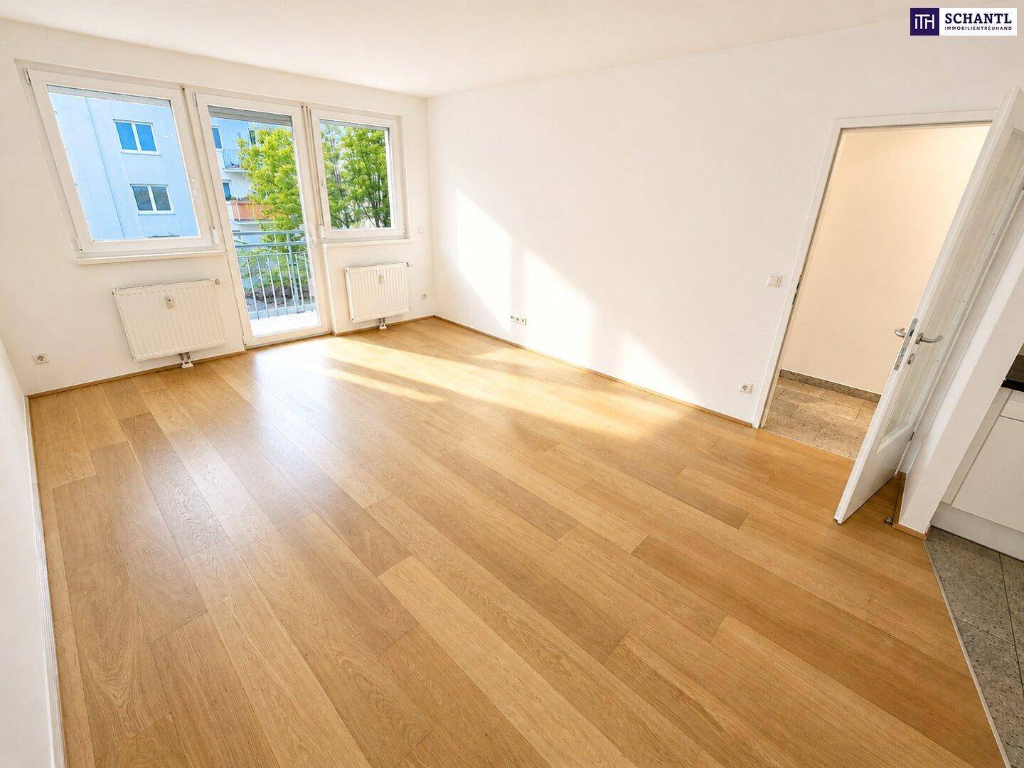 Heller Wohnraum mit Eichenparkettboden und Zugang zu einem französischen Balkon.