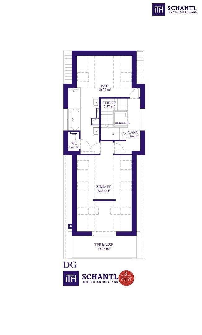Grundriss des Dachgeschosses mit großem Zimmer, Bad, WC und Terrasse.