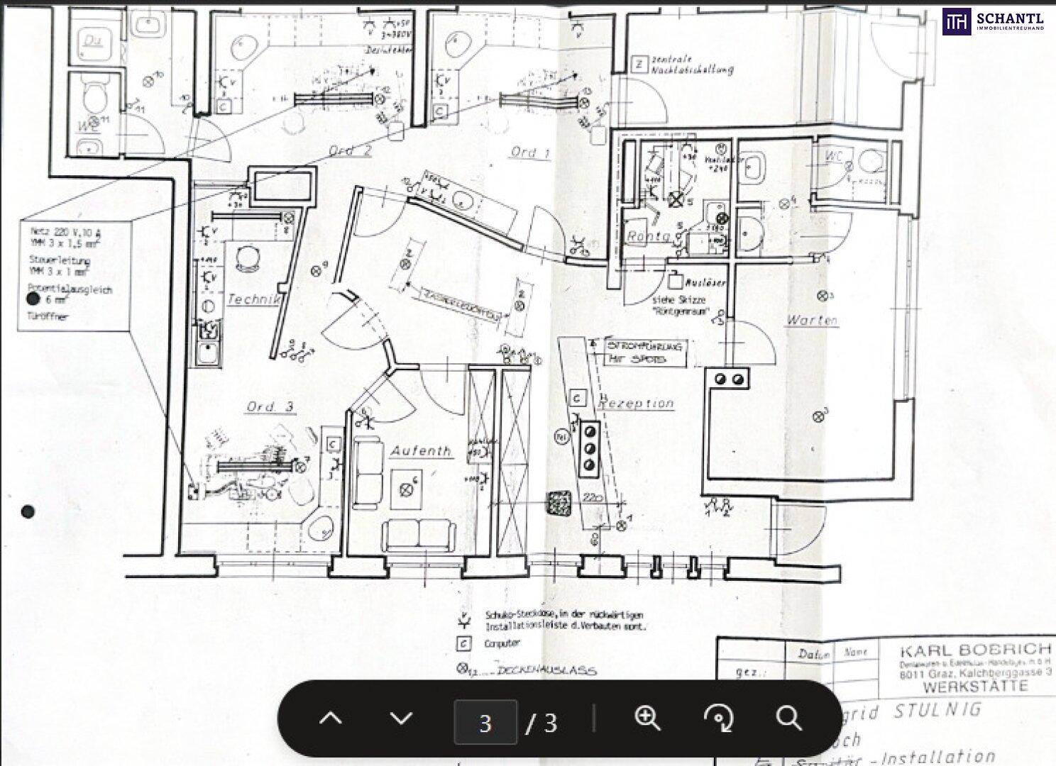 Grundriss einer Arztpraxis mit Behandlungsräumen, Wartebereich und Rezeption, inklusive Navigationsleiste.