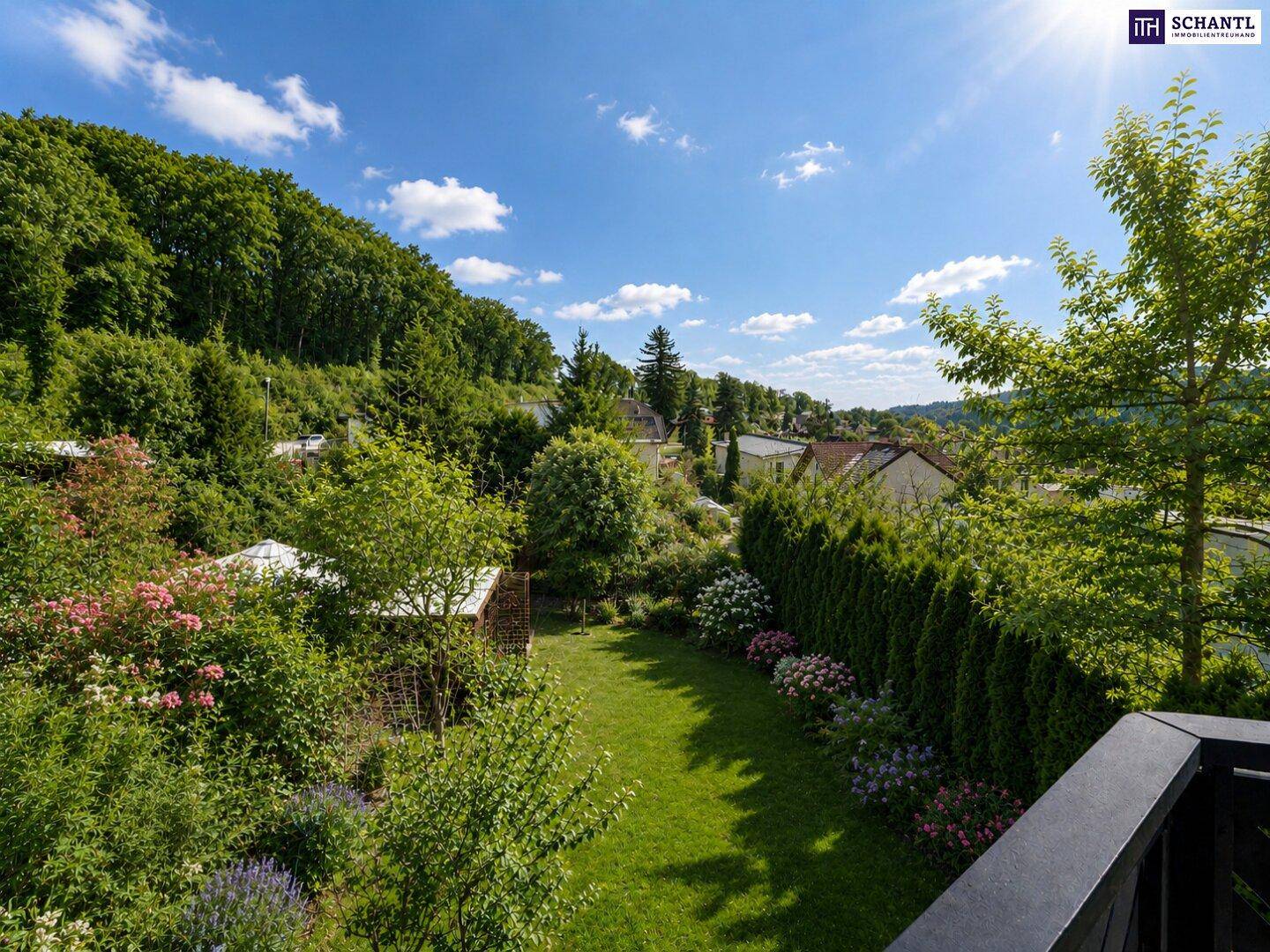 Panoramablick vom Balkon auf den weitläufigen Garten, umgeben von üppiger Natur und bewaldeten Hügeln.