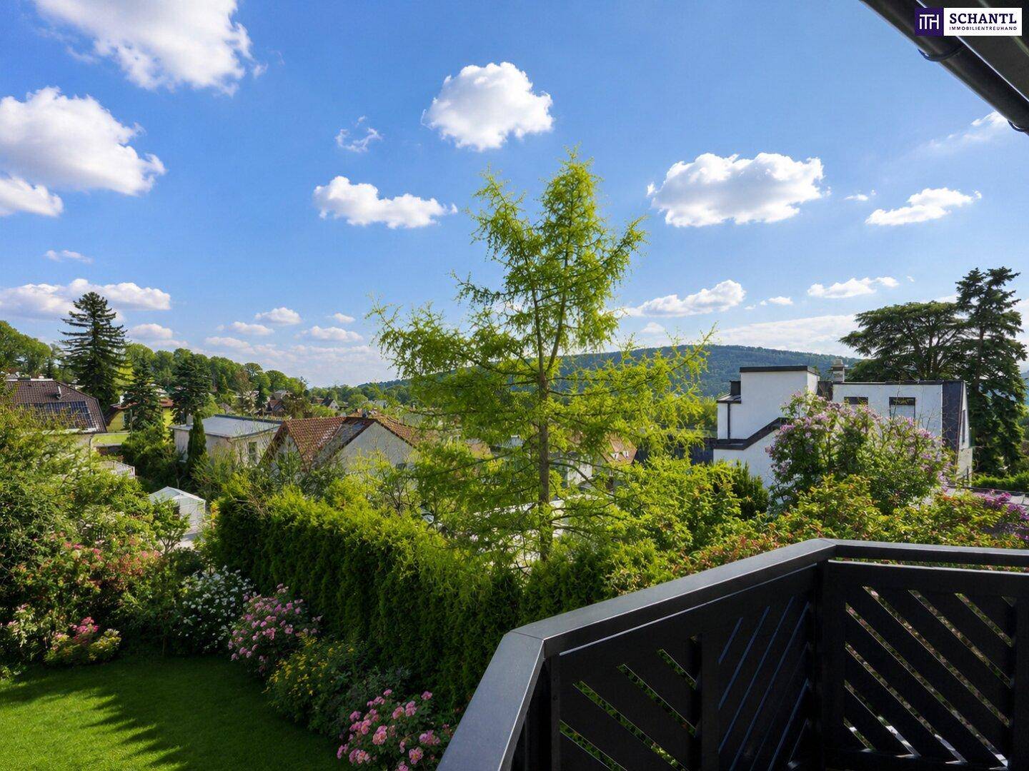 Weitläufiger Blick vom Balkon über eine grüne Wohngegend mit Bäumen und Häusern unter blauem Himmel.