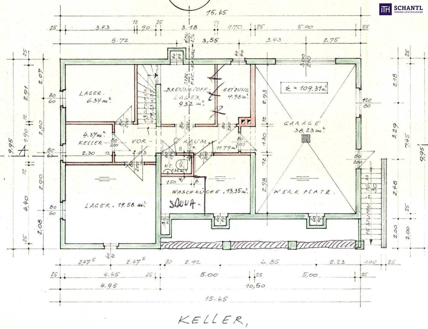 Grundriss des Kellers mit Lagerflächen, Waschküche, Werkstatt und integrierter Garage.