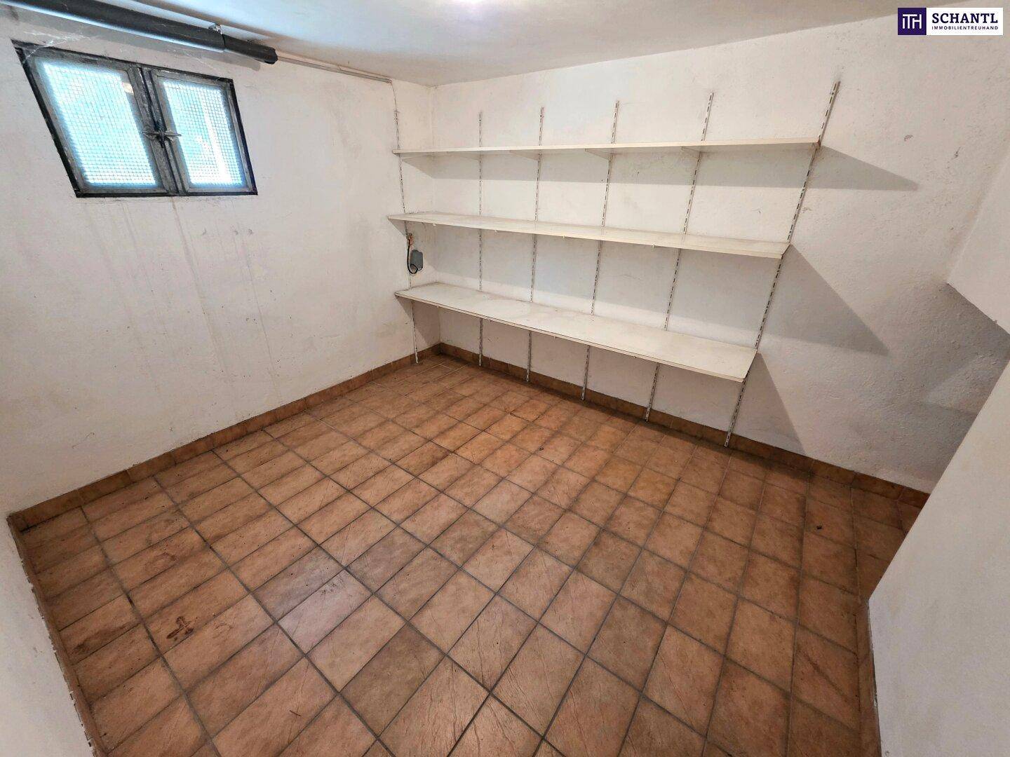Praktischer Abstellraum im Keller mit Fliesenboden, Regalen und einem kleinen Fenster für Belüftung.
