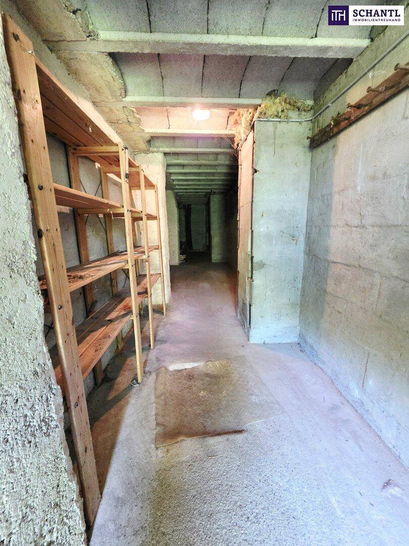 Langer Kellerflur mit Betonboden und Holzregalen, ideal für zusätzlichen Stauraum.