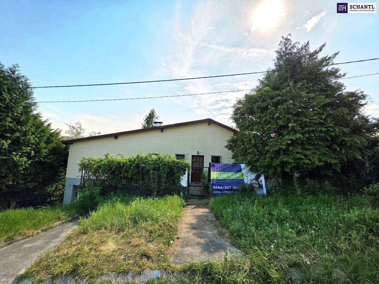 Einfamilienhaus mit Zufahrt, verwildertem Garten und einem Verkaufsschild im Vorgarten.