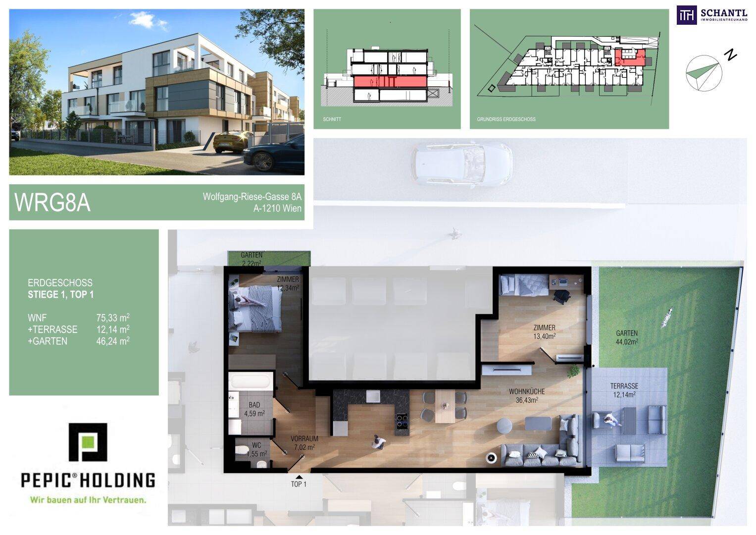 Grundriss einer Erdgeschosswohnung mit offener Wohnküche, zwei Schlafzimmern, Bad, separatem WC und großer Terrasse mit Garten.