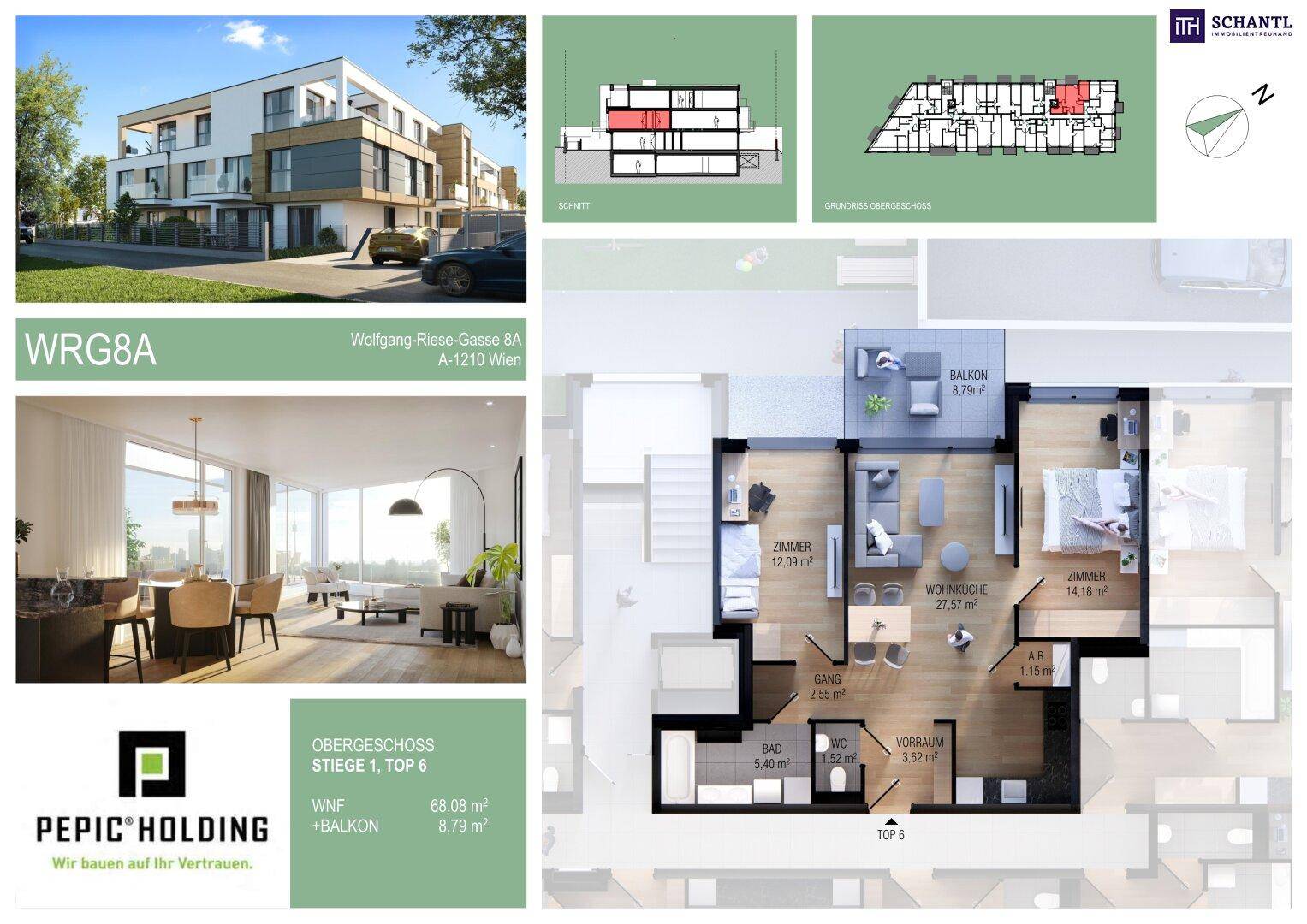 Grundriss einer Obergeschosswohnung mit offener Wohnküche, zwei Schlafzimmern, Bad, separatem WC und Balkon, ergänzt durch eine Wohnraumvisualisierung.