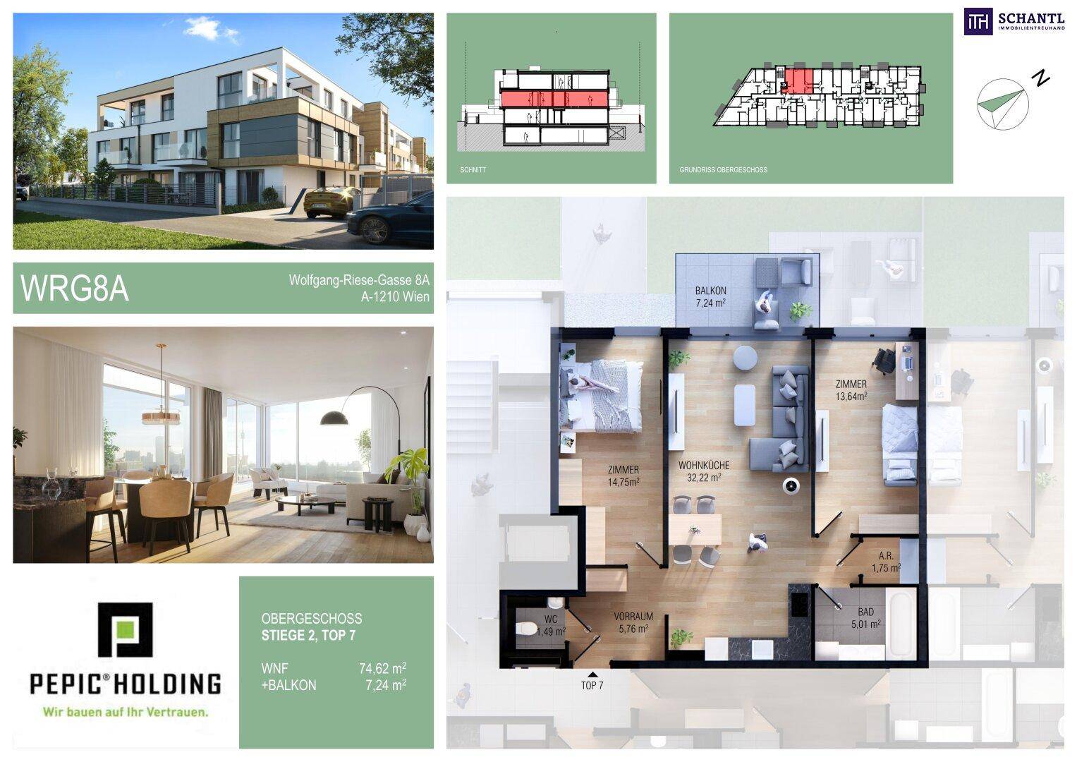 Grundriss einer Obergeschosswohnung mit offener Wohnküche, zwei Schlafzimmern, Bad, separatem WC und Balkon, ergänzt durch eine Wohnraumvisualisierung.