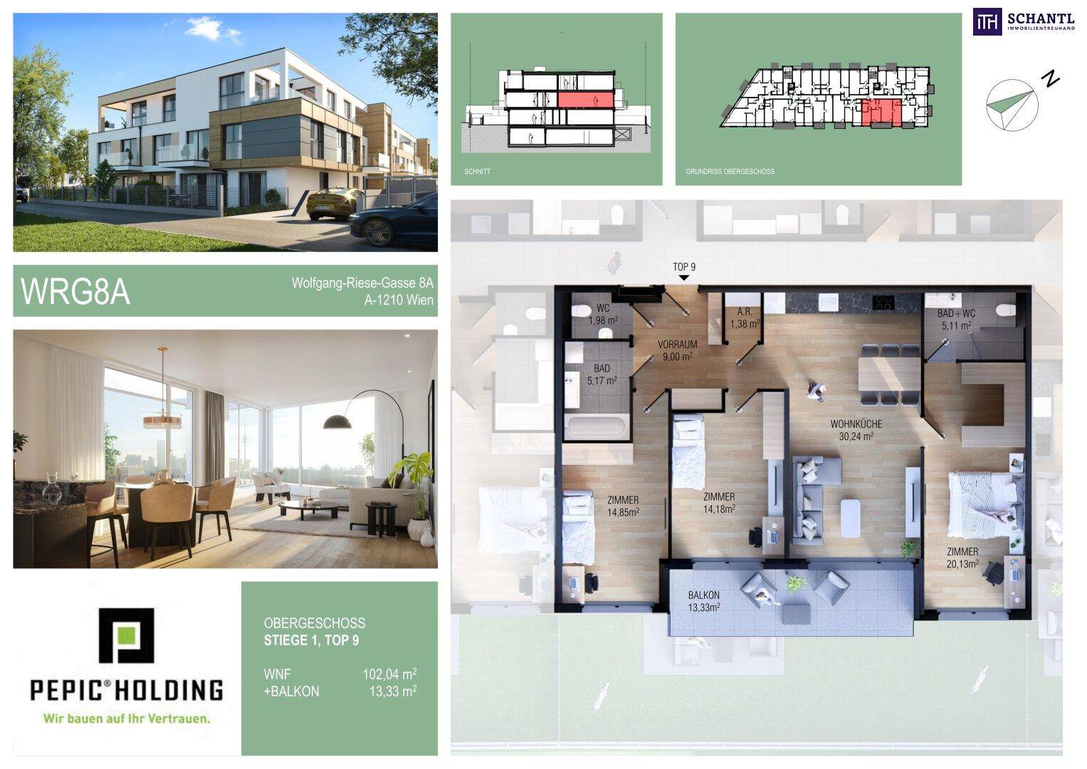 Grundriss einer Obergeschosswohnung mit offener Wohnküche, zwei Schlafzimmern, zwei Bädern, separatem WC und Balkon, ergänzt durch eine Wohnraumvisualisierung.