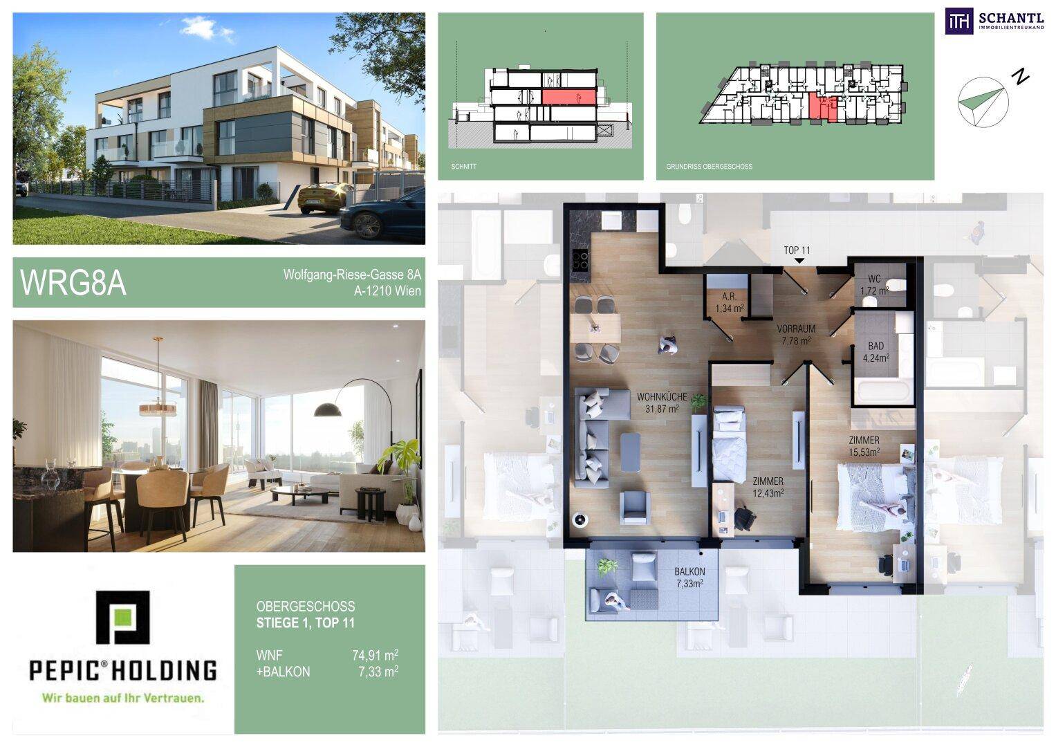 Grundriss einer Obergeschosswohnung mit offener Wohnküche, zwei Schlafzimmern, Bad, separatem WC und Balkon, ergänzt durch eine Wohnraumvisualisierung.