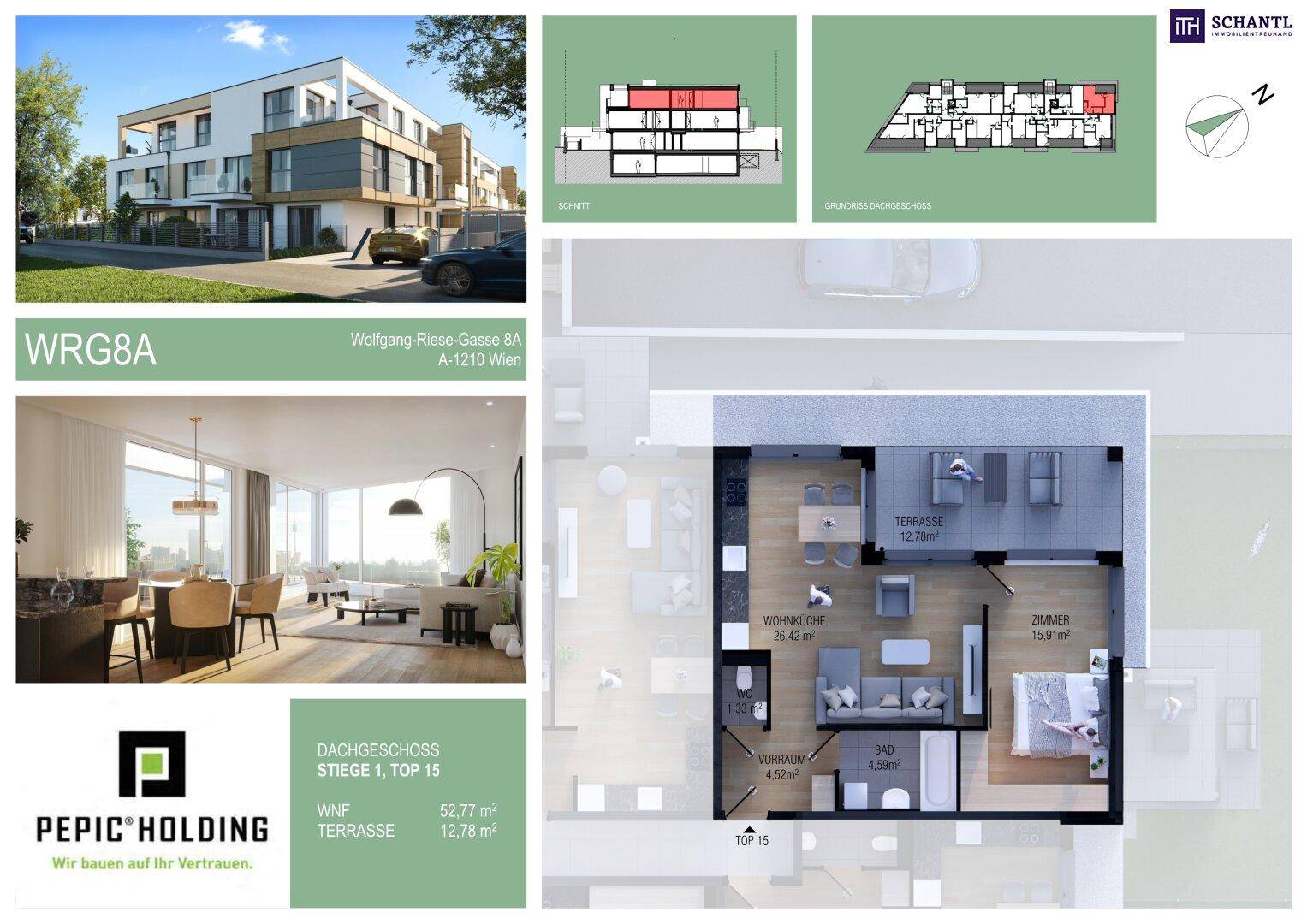 Grundriss einer Dachgeschosswohnung mit offener Wohnküche, einem Schlafzimmer, Bad und großer Terrasse, ergänzt durch eine Wohnraumvisualisierung.
