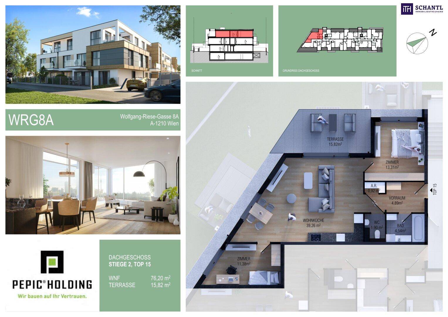 Grundriss einer Dachgeschosswohnung mit offener Wohnküche, zwei Schlafzimmern, Bad, separatem WC und großer Terrasse, ergänzt durch eine Wohnraumvisualisierung.