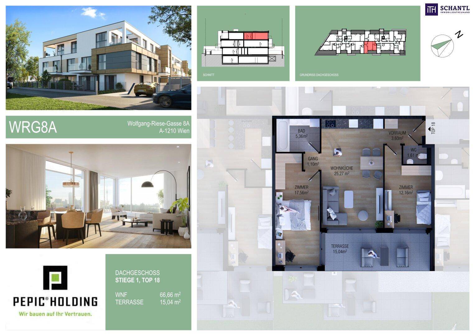 Grundriss einer Dachgeschosswohnung mit offener Wohnküche, zwei Schlafzimmern, Bad, separatem WC und großer Terrasse, ergänzt durch eine Wohnraumvisualisierung.