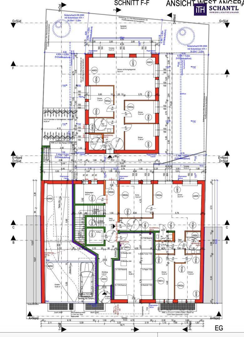 Detaillierter Grundriss des Erdgeschosses mit mehreren Wohneinheiten und einem Garagenbereich.