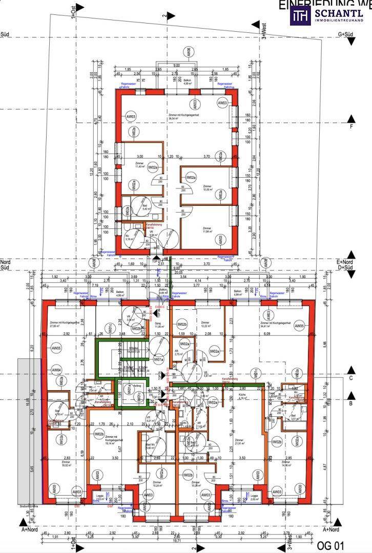 Grundriss des ersten Obergeschosses mit verschiedenen Apartments und gemeinschaftlichen Bereichen.