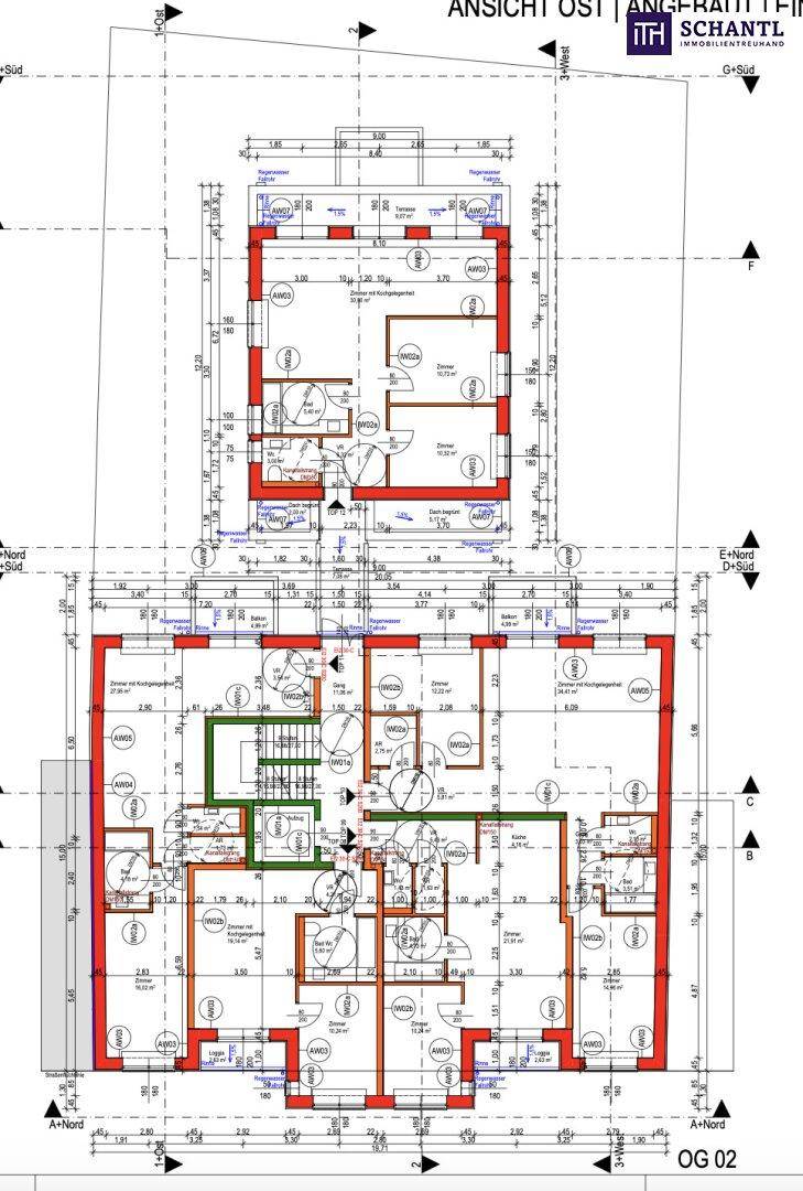 Grundriss des zweiten Obergeschosses mit mehreren Wohneinheiten und klarer Raumaufteilung.