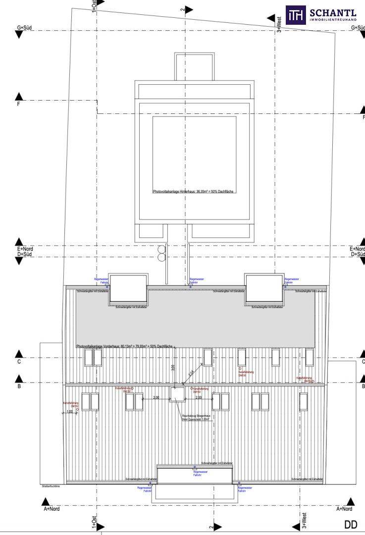 Dachaufsicht und Grundriss des obersten Geschosses mit Flachdach und technischen Installationen.