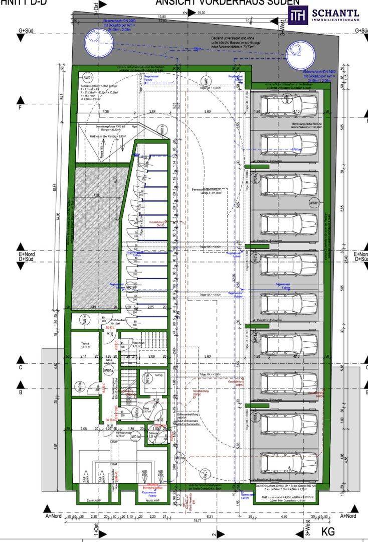 Grundriss des Kellergeschosses mit Tiefgarage, Stellplätzen und Zugang über eine Rampe.