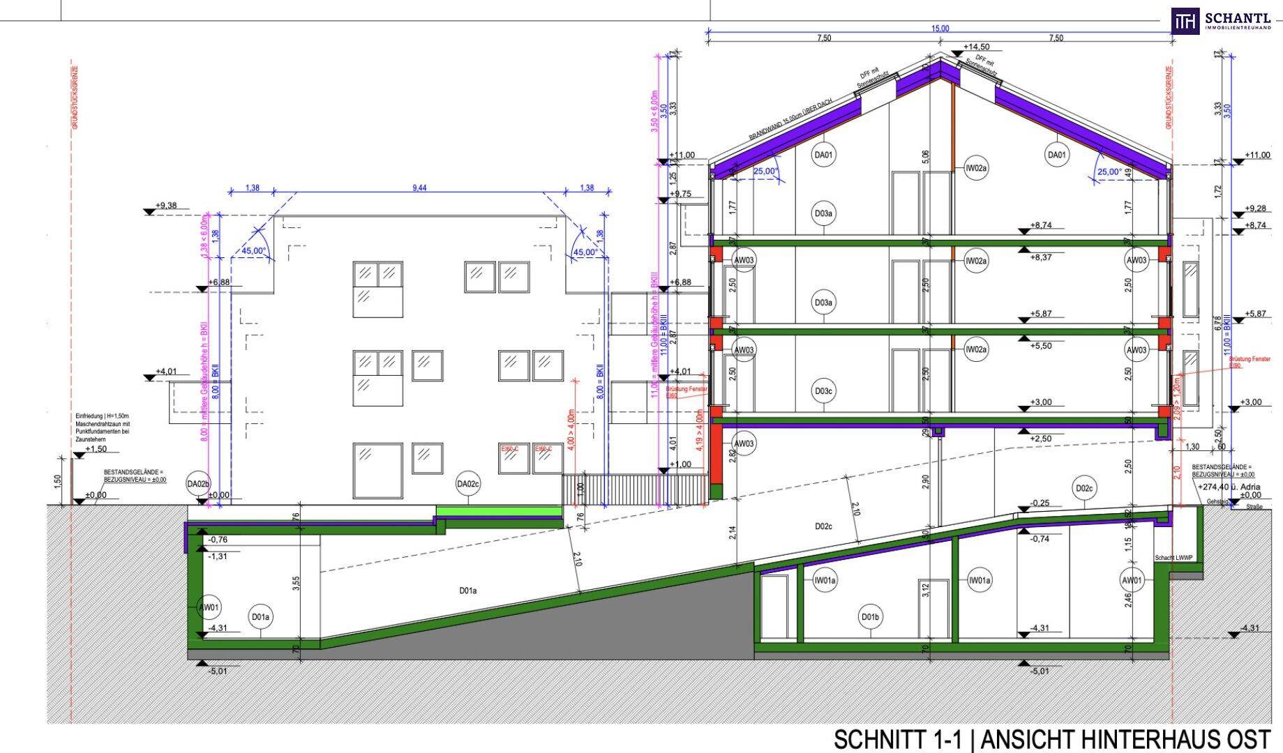 Schnittansicht des Hinterhauses mit Darstellung der Geschosse und des Dachaufbaus.