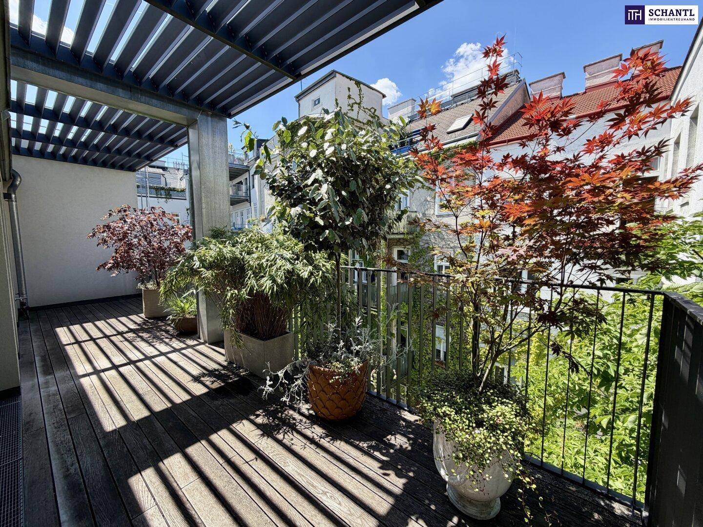 Großer Balkon mit vielfältiger Bepflanzung, Holzboden und moderner Überdachung.