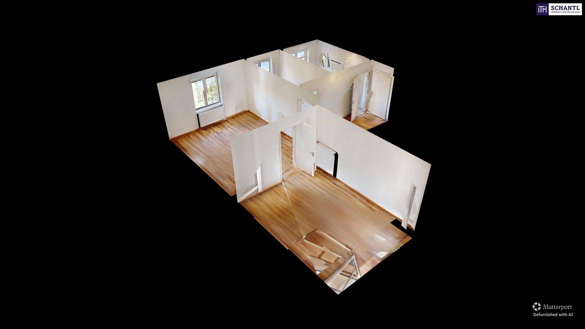 3D-Grundrissansicht einer Wohnung mit mehreren Räumen und Fenstern.