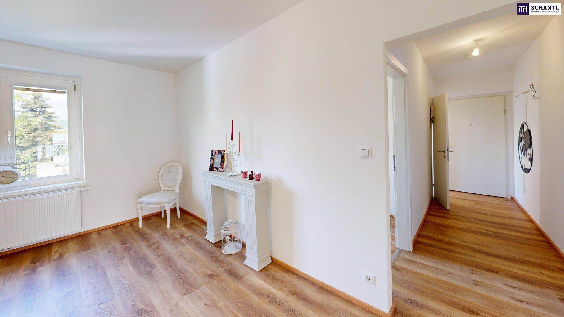 Heller Flur mit Holzboden, dekorativem Kamin und Zugang zu weiteren Räumen.