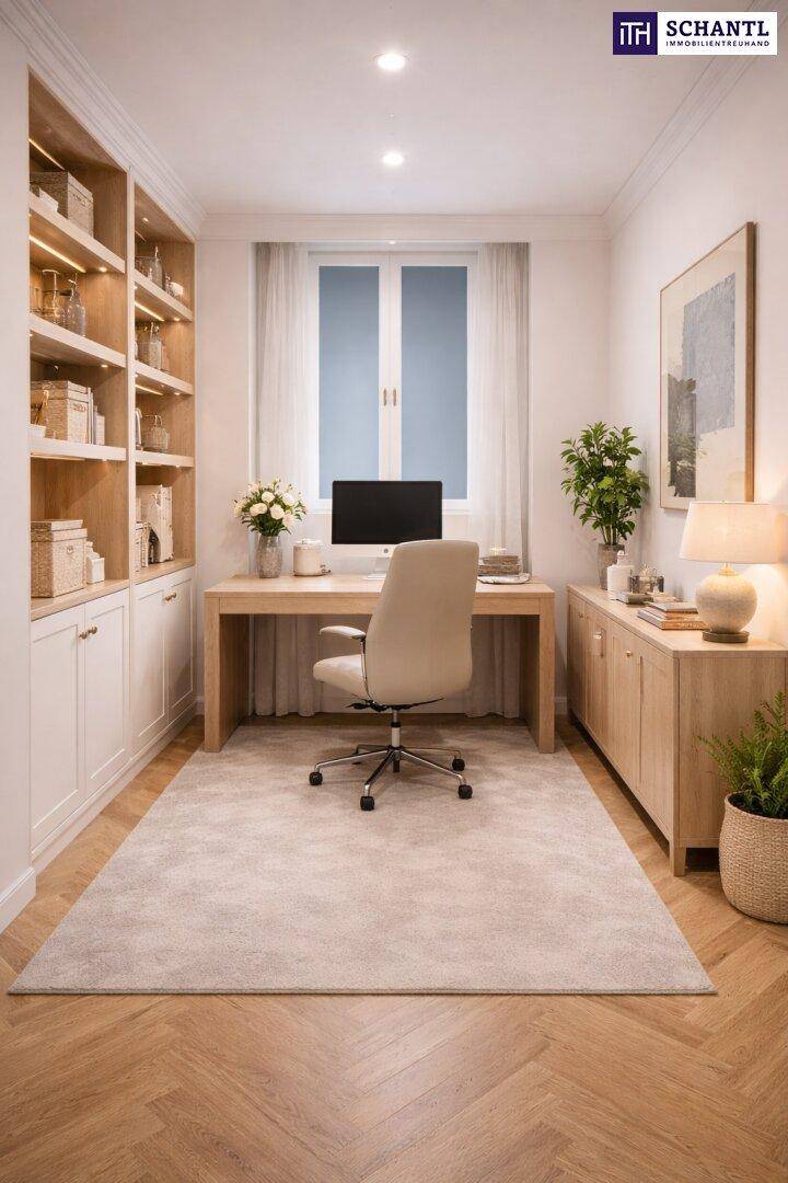Modernes Arbeitszimmer mit integrierten Regalen, Schreibtisch und hellem Fischgrätparkettboden.