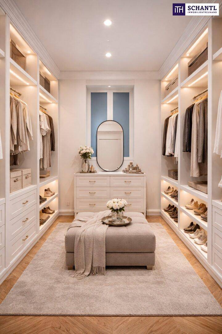 Geräumiger begehbarer Kleiderschrank mit integrierter Beleuchtung, viel Stauraum und Spiegel.