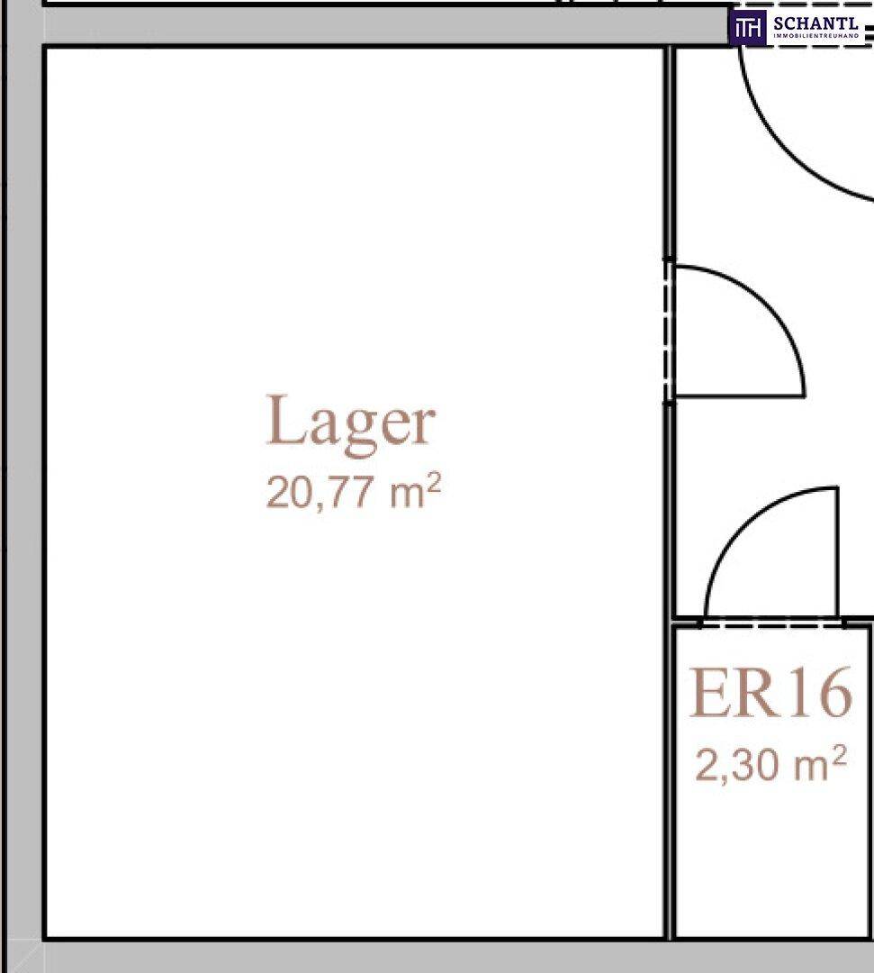Grundriss eines Lagerraums von 20,77 m² und eines kleineren Raums von 2,30 m².