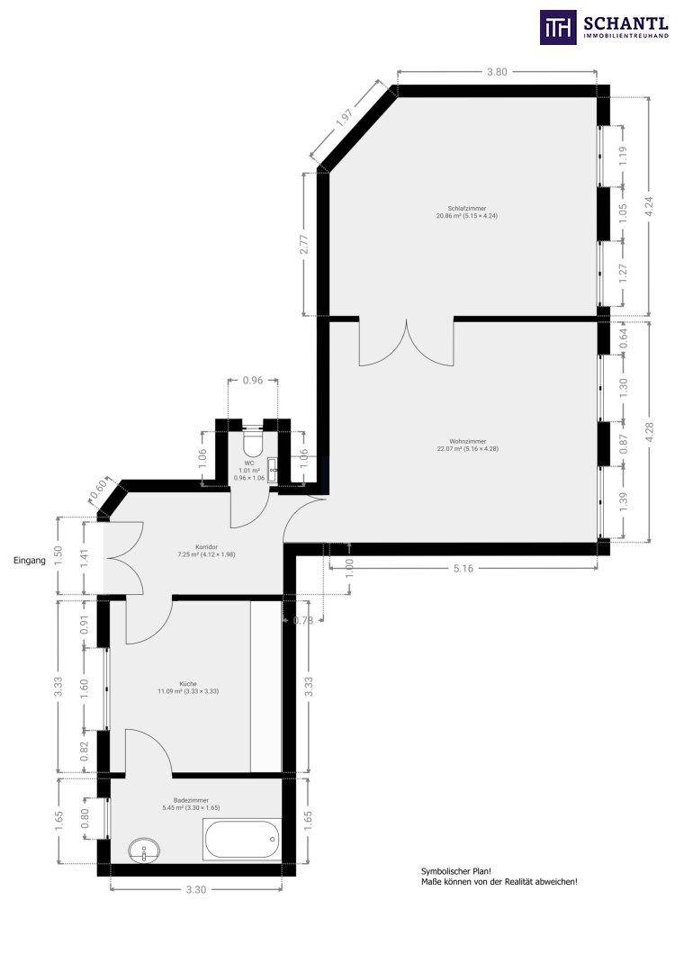 Grundrissplan mit Raumaufteilung, Maßen und Beschriftungen für eine Wohnung.